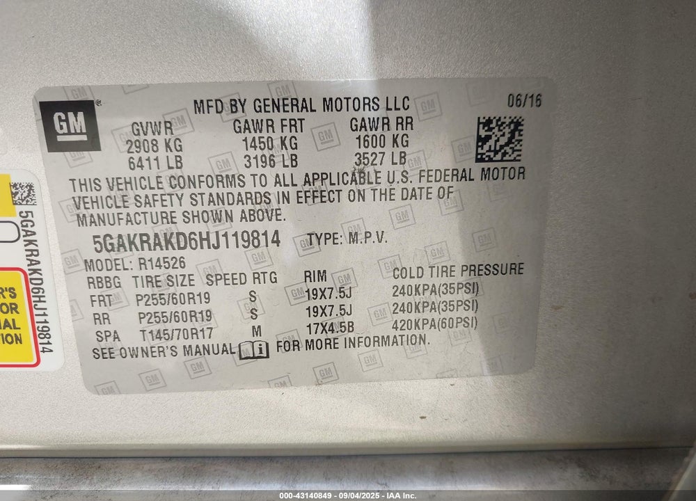 2017 BUICK ENCLAVE VIN: 5GAKRAKD6HJ119814