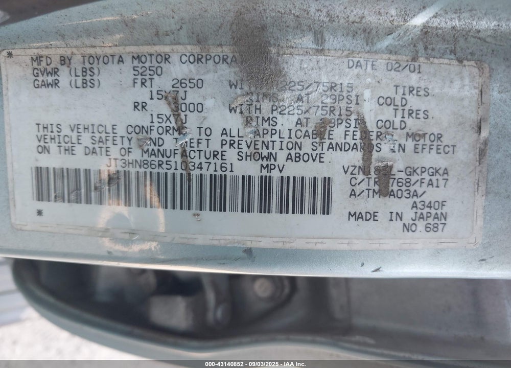 2001 TOYOTA 4RUNNER SR5 V6 VIN: JT3HN86R510347161