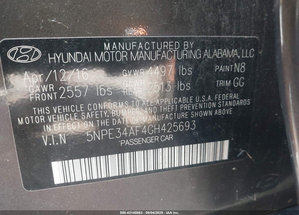 2016 HYUNDAI SONATA VIN: 5NPE34AF4GH425693