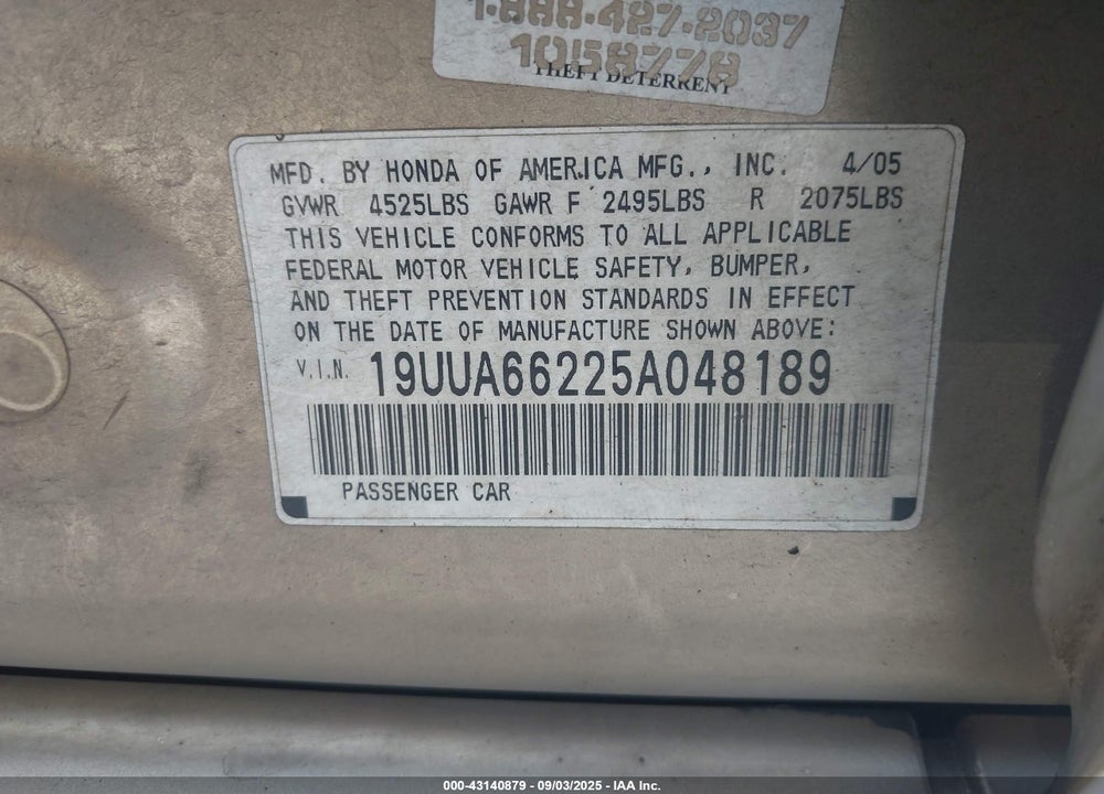 2005 ACURA TL VIN: 19UUA66225A048189