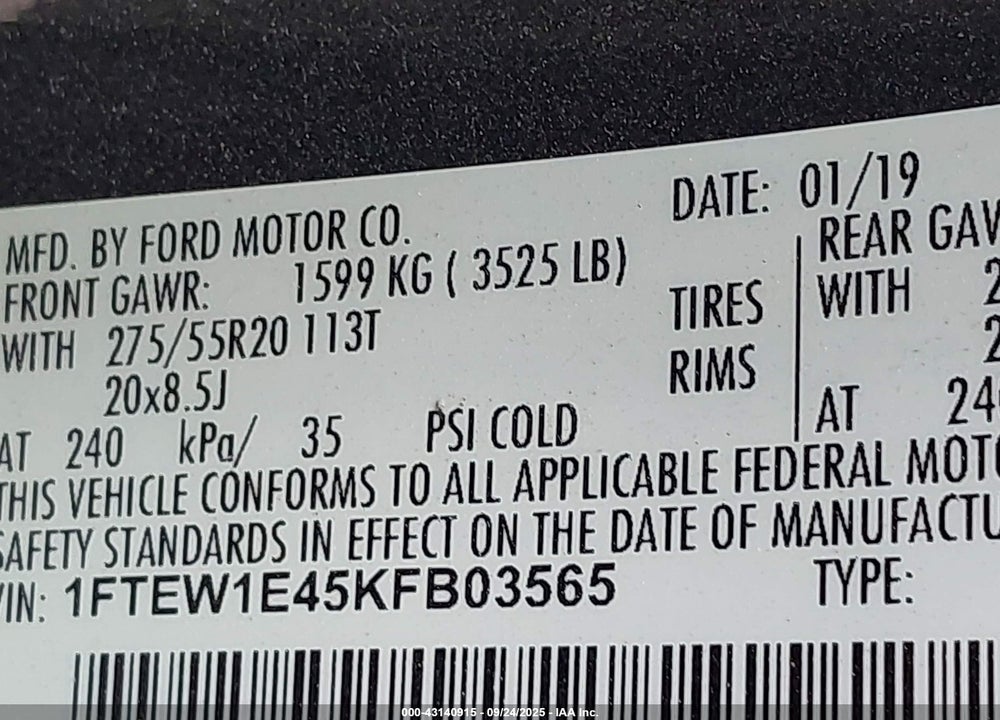 2019 FORD F-150 VIN: 1FTEW1E45KFB03565