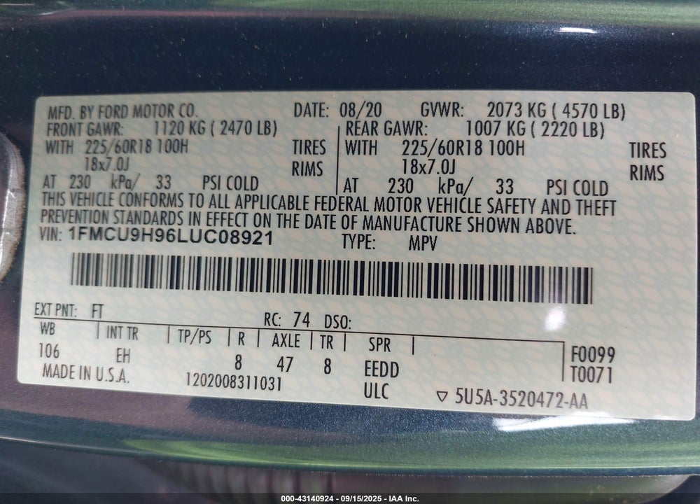 2020 FORD ESCAPE SEL VIN: 1FMCU9H96LUC08921