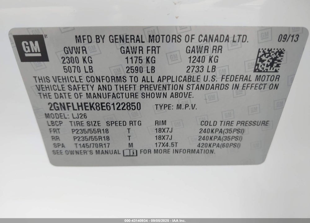 2014 CHEVROLET EQUINOX LTZ VIN: 2GNFLHEK8E6122850