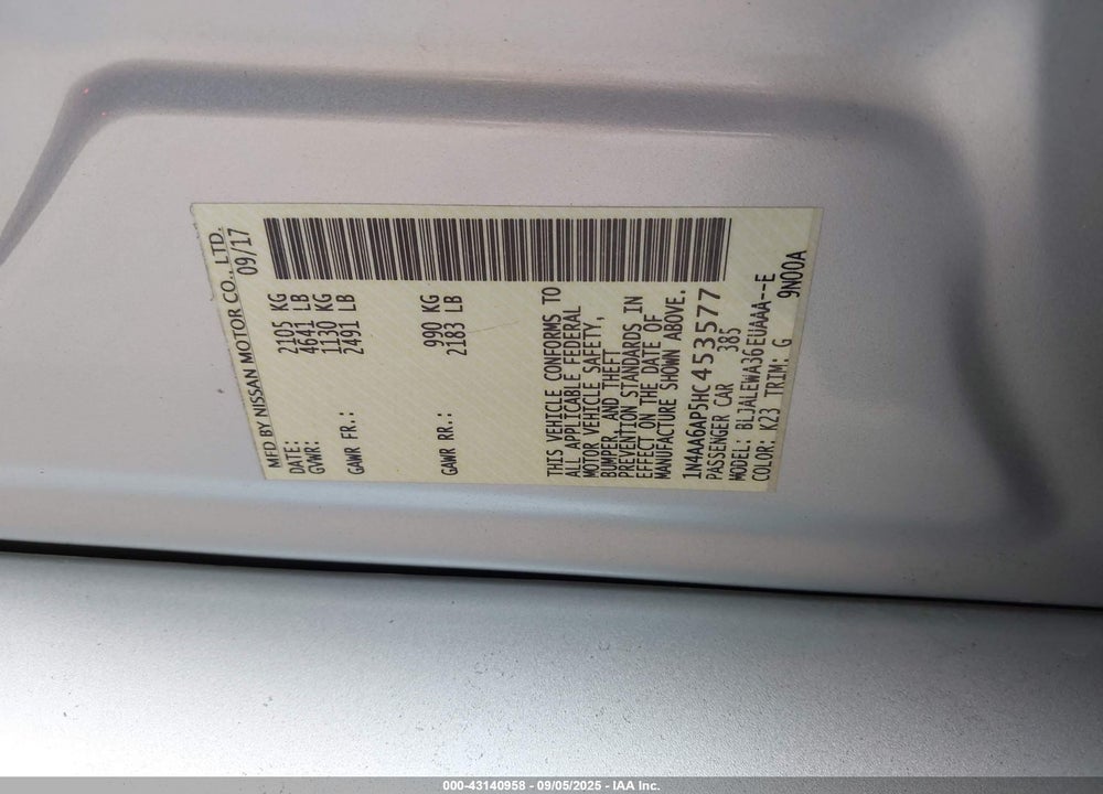 2017 NISSAN MAXIMA VIN: 1N4AA6AP5HC453577