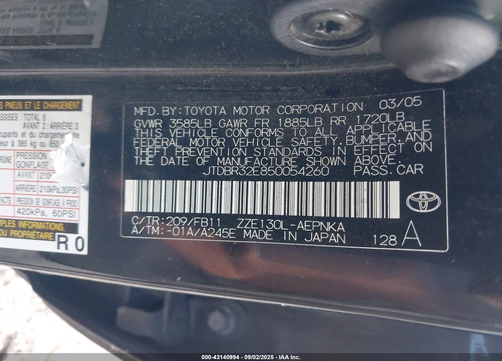 2005 TOYOTA COROLLA LE VIN: JTDBR32E850054260