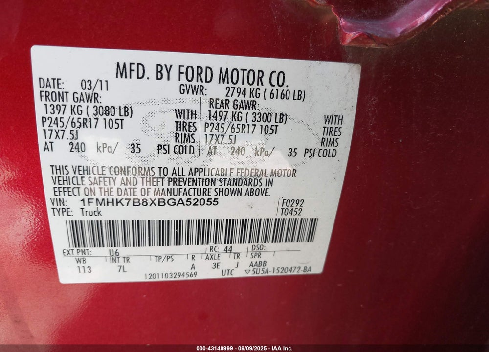 2011 FORD EXPLORER VIN: 1FMHK7B8XBGA52055