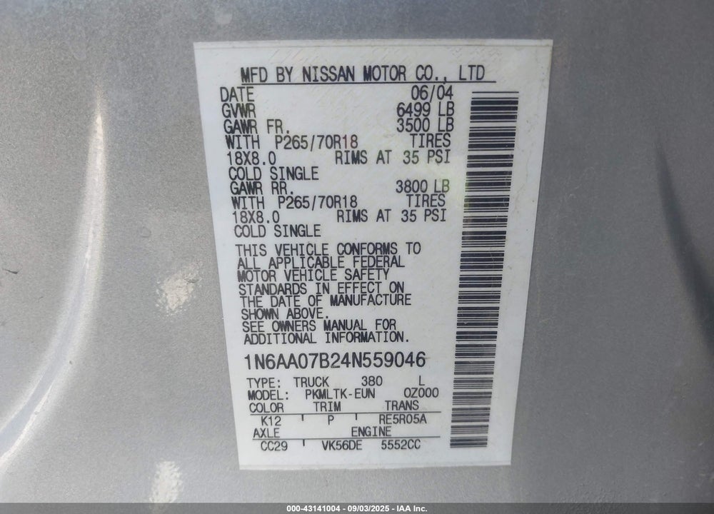 2004 NISSAN TITAN SE VIN: 1N6AA07B24N559046