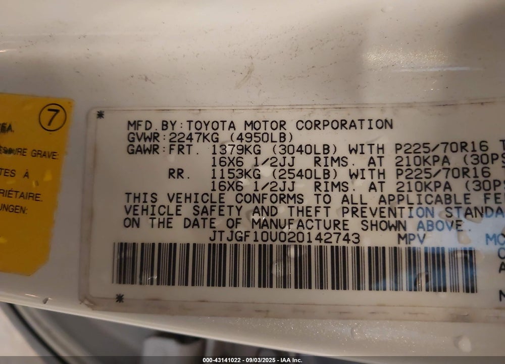 2002 LEXUS RX 300 VIN: JTJGF10U020142743