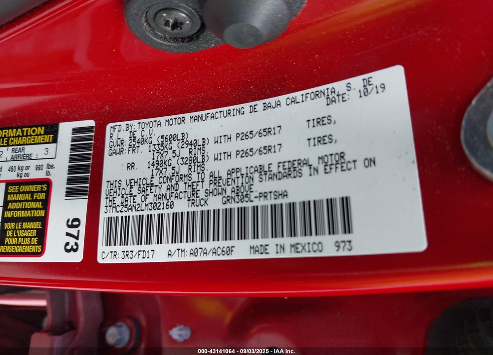 2020 TOYOTA TACOMA VIN: 3TMCZ5AN2LM302160
