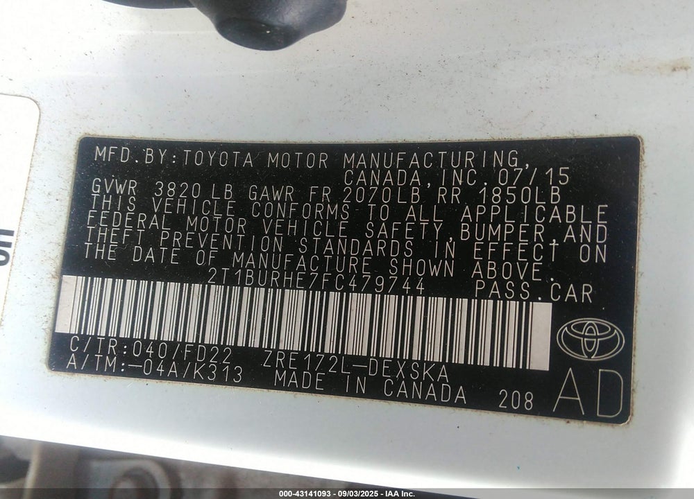 2015 TOYOTA COROLLA VIN: 2T1BURHE7FC479744