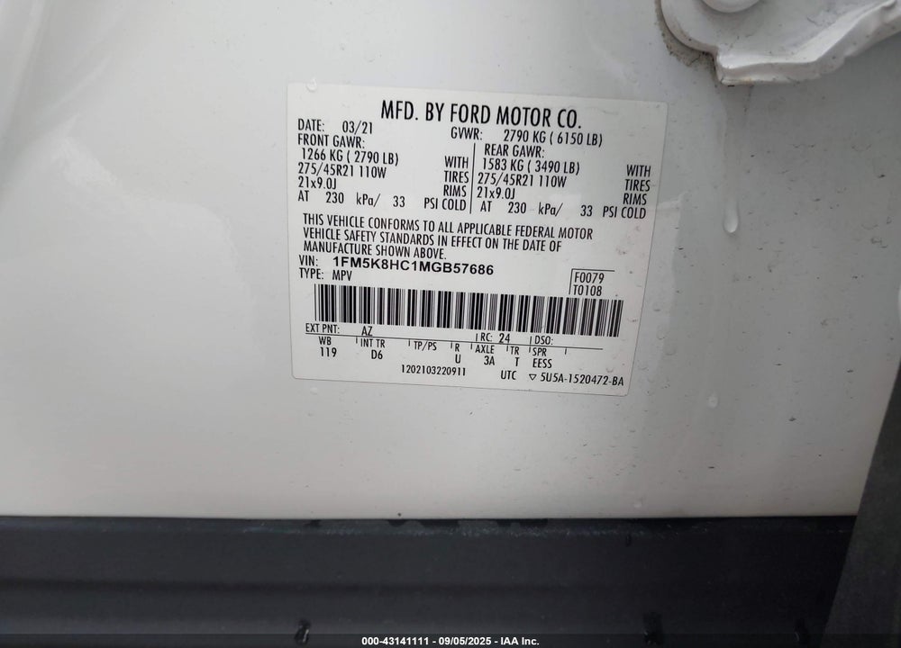 2021 FORD EXPLORER VIN: 1FM5K8HC1MGB57686