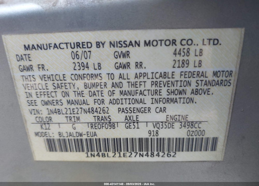 2007 NISSAN ALTIMA 3.5 SE VIN: 1N4BL21E27N484262