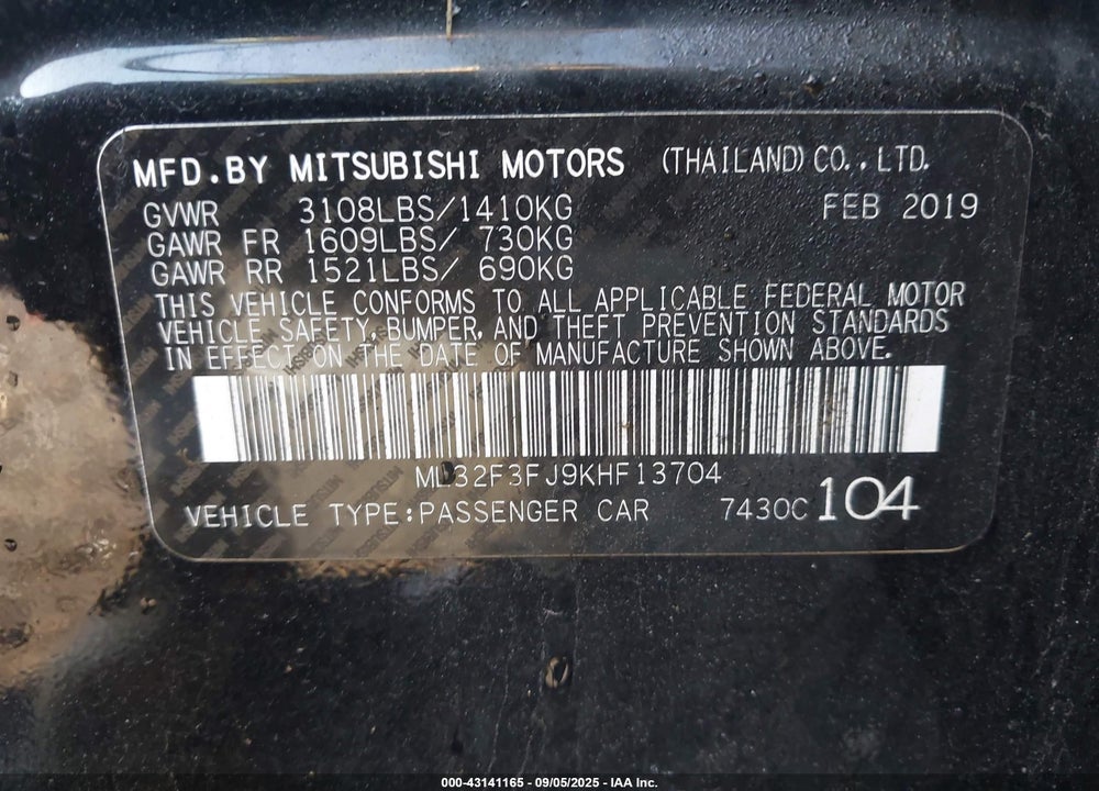 2019 MITSUBISHI MIRAGE VIN: ML32F3FJ9KHF13704
