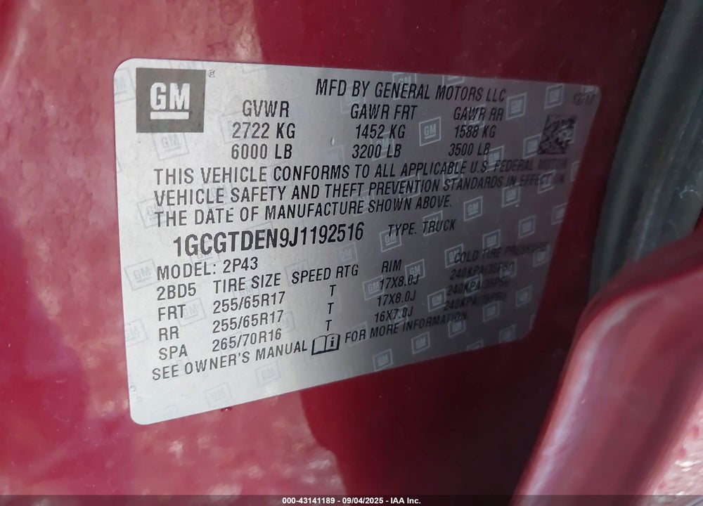 2018 CHEVROLET COLORADO VIN: 1GCGTDEN9J1192516