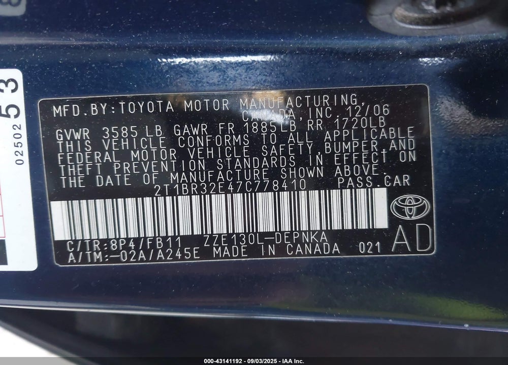 2007 TOYOTA COROLLA LE VIN: 2T1BR32E47C778410