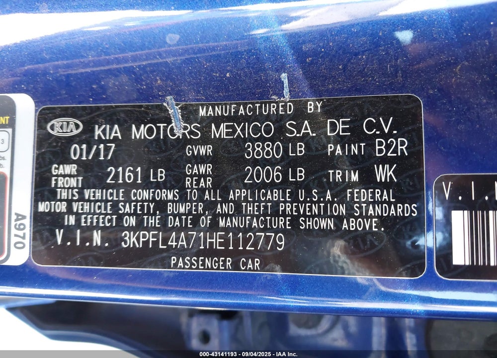 2017 KIA FORTE S VIN: 3KPFL4A71HE112779