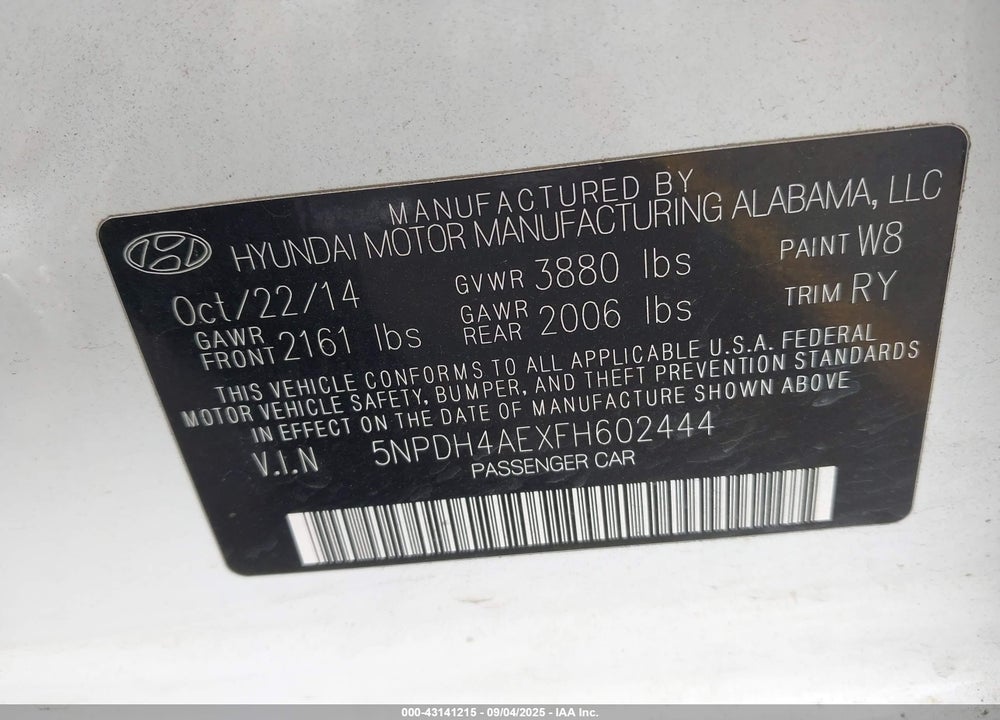 2015 HYUNDAI ELANTRA LIMITED VIN: 5NPDH4AEXFH602444