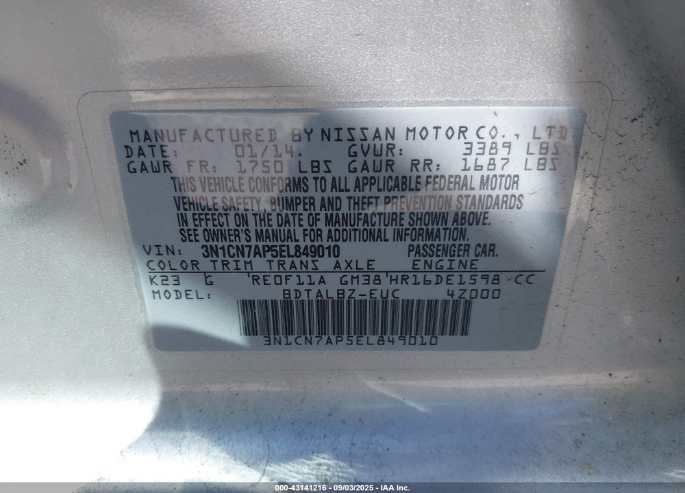 2014 NISSAN VERSA VIN: 3N1CN7AP5EL849010