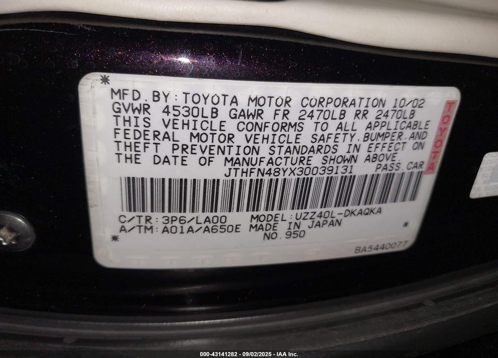 2003 LEXUS SC 430 VIN: JTHFN48YX30039131