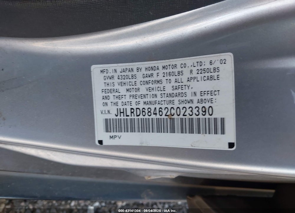 2002 HONDA CR-V LX VIN: JHLRD68462C023390