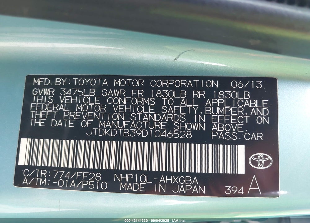 2013 TOYOTA PRIUS C THREE VIN: JTDKDTB39D1046528