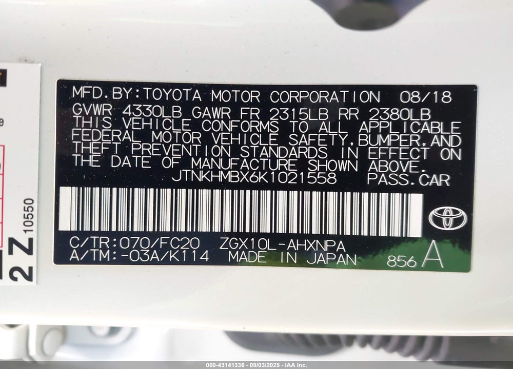 2019 TOYOTA C-HR LE VIN: JTNKHMBX6K1021558