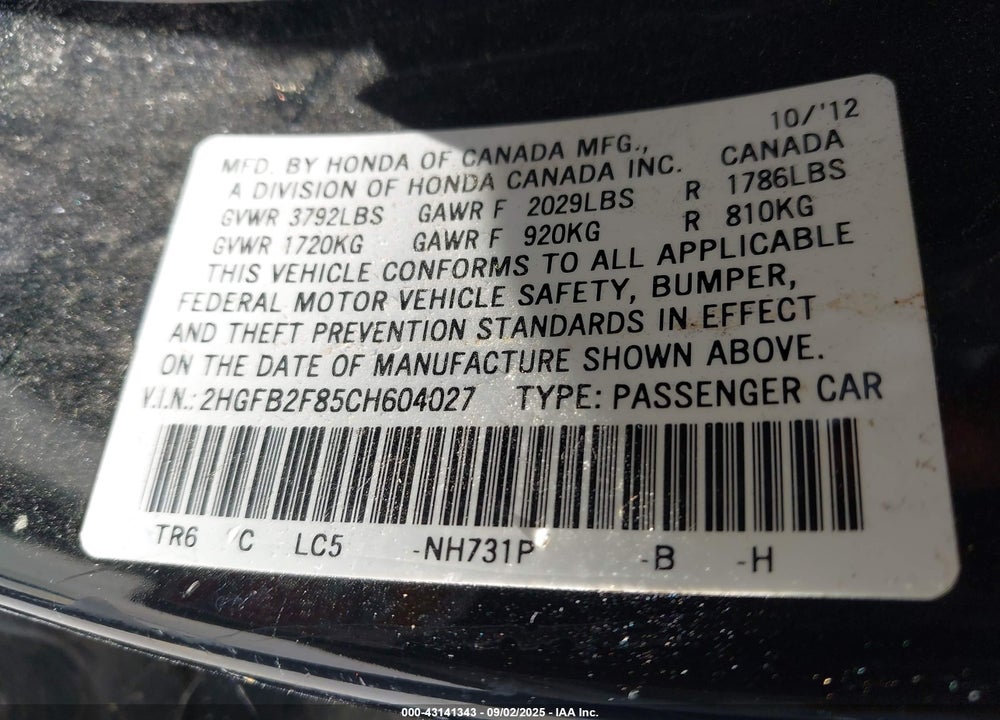 2012 HONDA CIVIC VIN: 2HGFB2F85CH604027