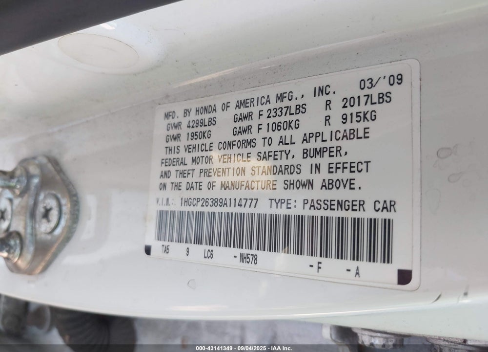 2009 HONDA ACCORD 2.4 LX VIN: 1HGCP26389A114777