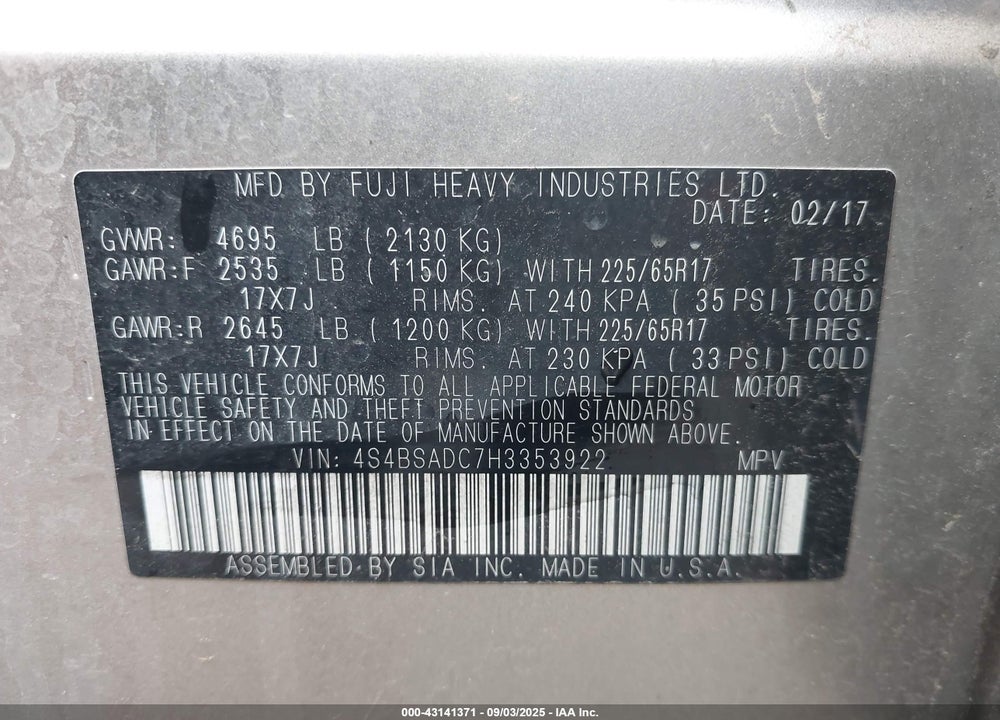 2017 SUBARU OUTBACK VIN: 4S4BSADC7H3353922