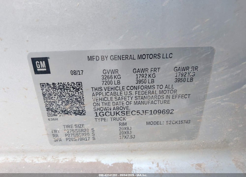2018 CHEVROLET SILVERADO 1500 1LZ VIN: 1GCUKSEC5JF109692