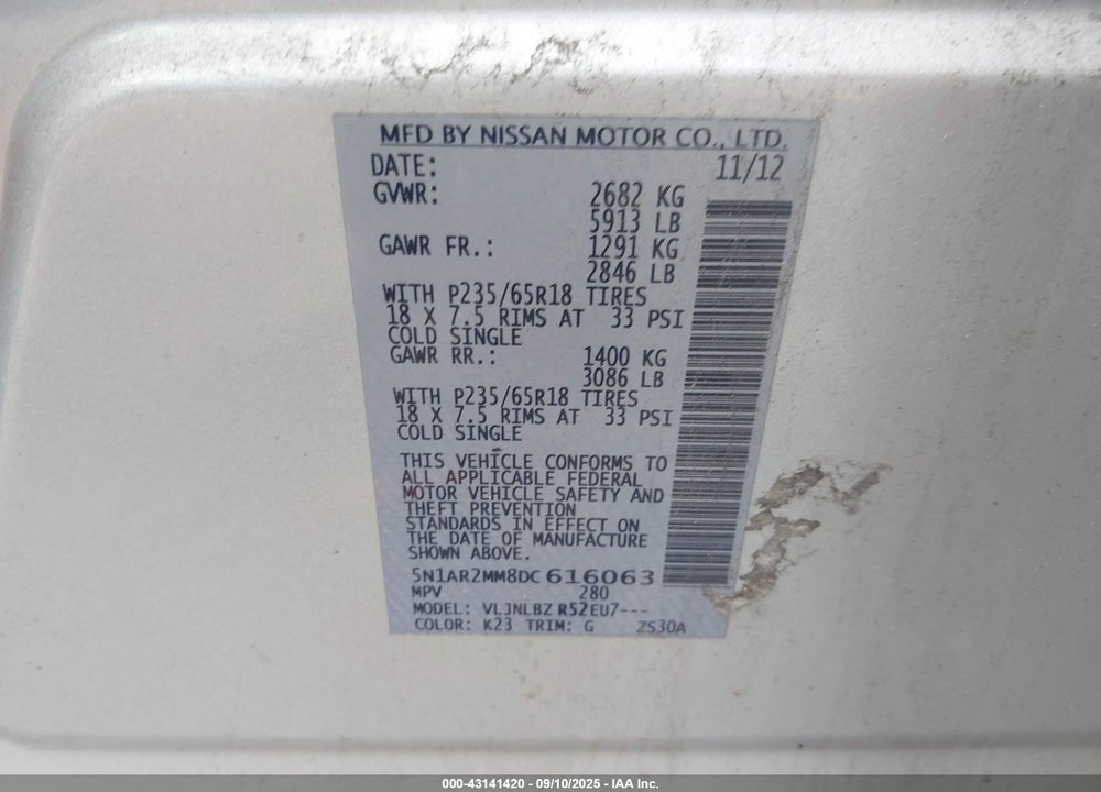 2013 NISSAN PATHFINDER VIN: 5N1AR2MM8DC616063