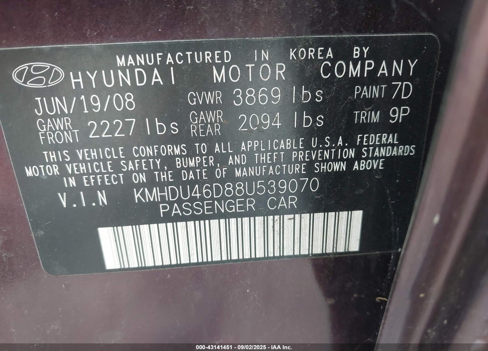 2008 HYUNDAI ELANTRA VIN: KMHDU46D88U539070