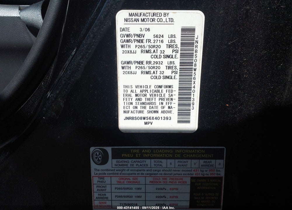 2006 INFINITI FX45 VIN: JNRBS08W56X401393