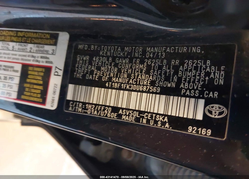 2013 TOYOTA CAMRY VIN: 4T1BF1FK3DU687569