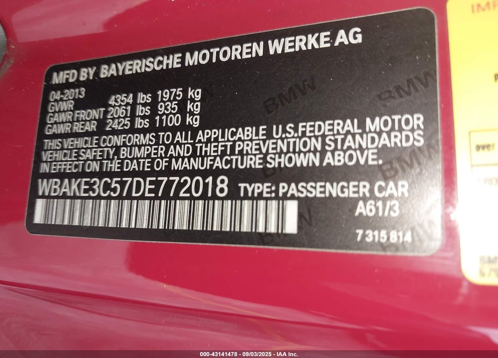 2013 BMW 3 SERIES VIN: WBAKE3C57DE772018