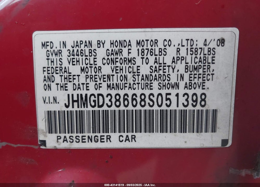2008 HONDA FIT SPORT VIN: JHMGD38668S051398
