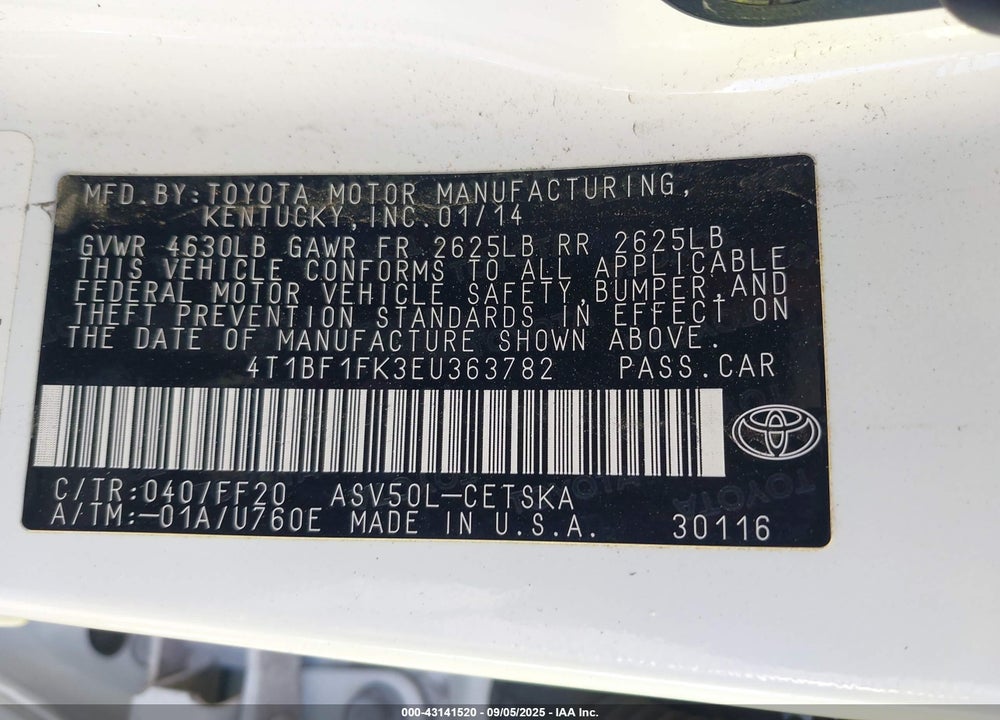 2014 TOYOTA CAMRY VIN: 4T1BF1FK3EU363782