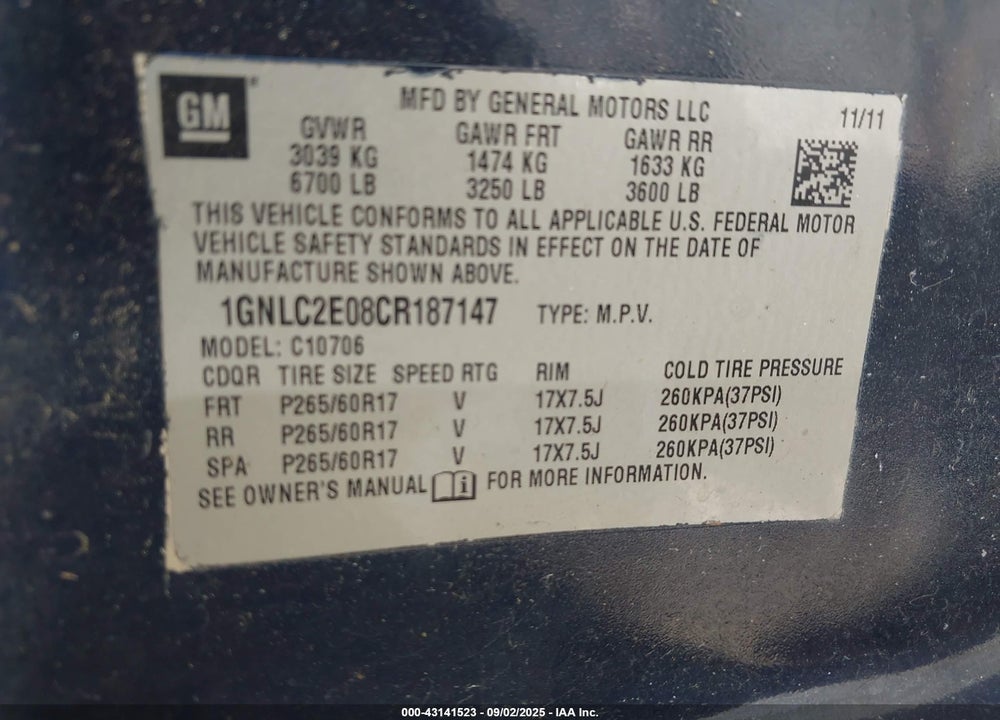 2012 CHEVROLET TAHOE VIN: 1GNLC2E08CR187147
