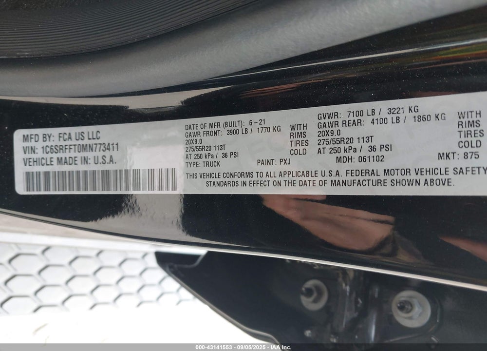 2021 RAM 1500 VIN: 1C6SRFFT0MN773411