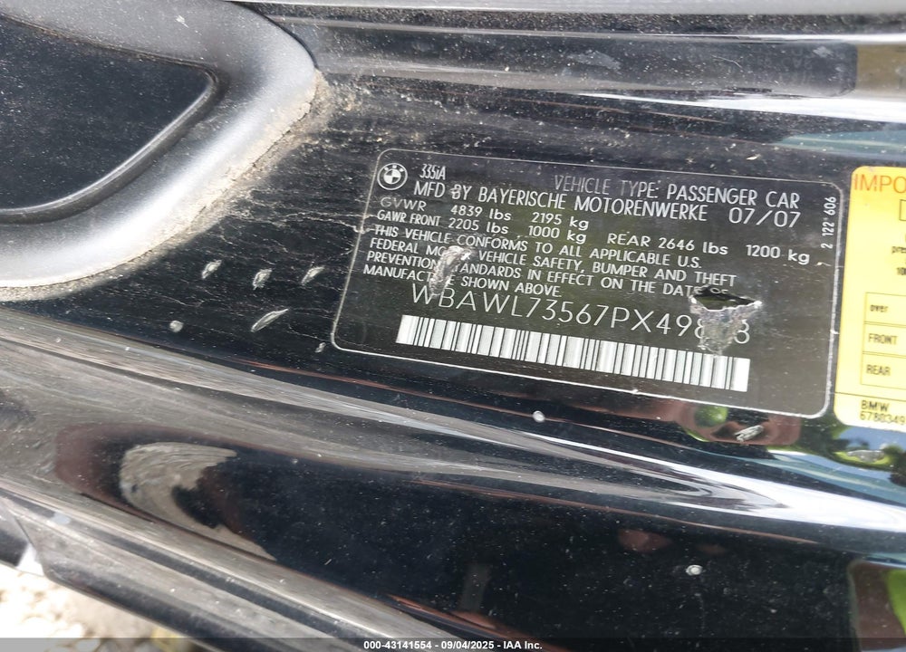 2007 BMW 3 SERIES VIN: WBAWL73567PX49868