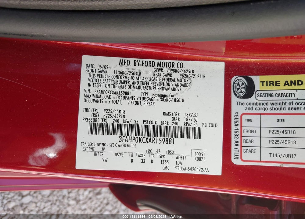 2010 FORD FUSION VIN: 3FAHP0KCXAR159881