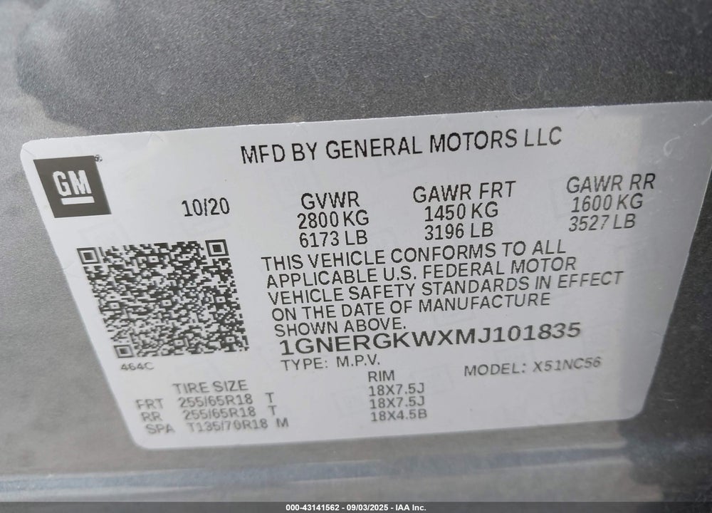2021 CHEVROLET TRAVERSE VIN: 1GNERGKWXMJ101835