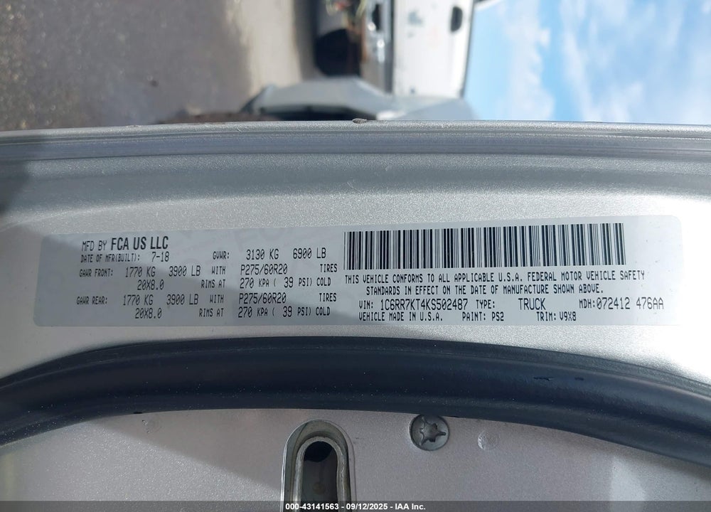 2019 RAM 1500 VIN: 1C6RR7KT4KS502487