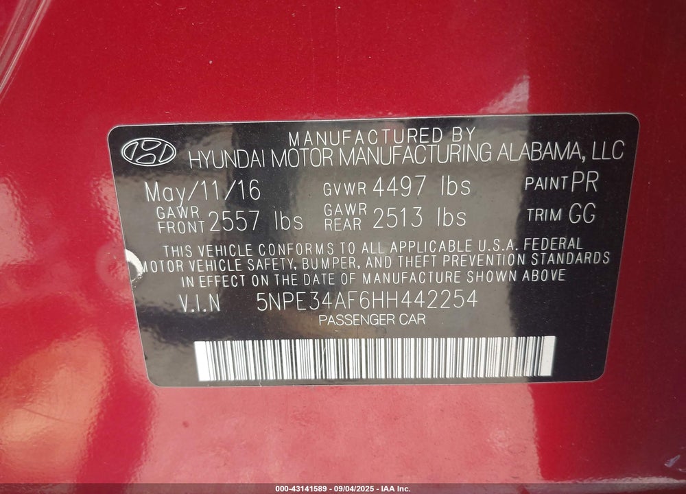 2017 HYUNDAI SONATA VIN: 5NPE34AF6HH442254