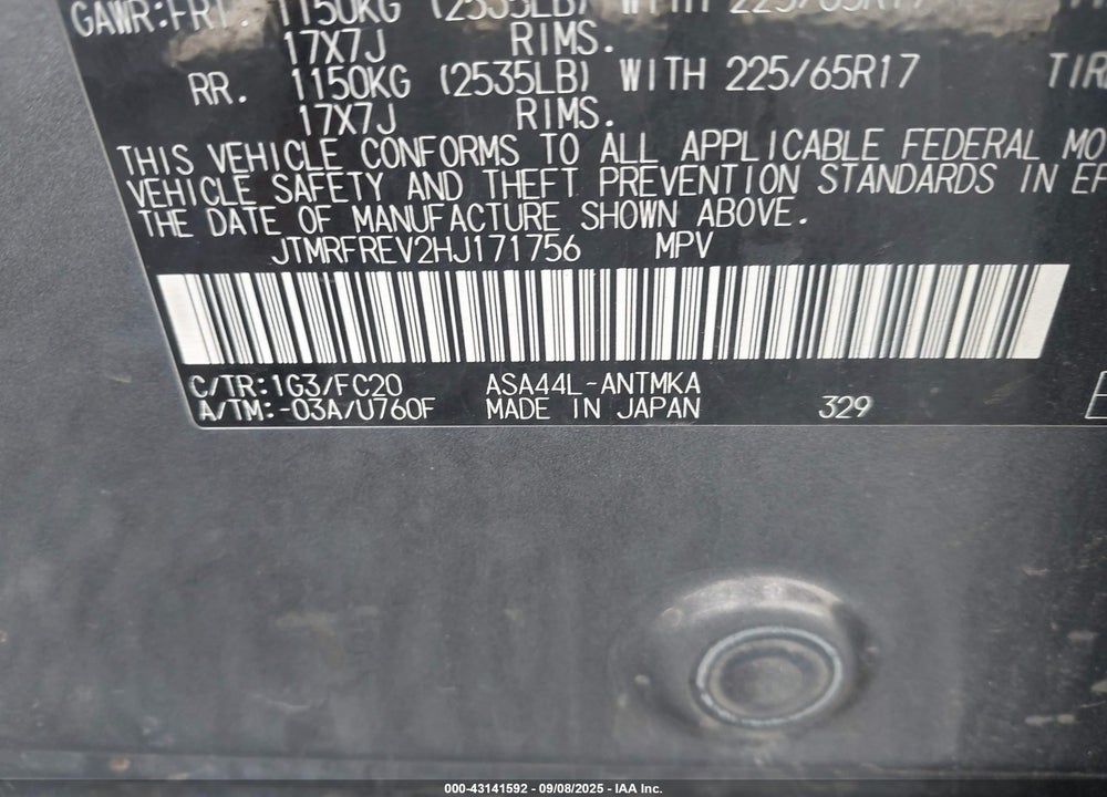 2017 TOYOTA RAV4 VIN: JTMRFREV2HJ171756