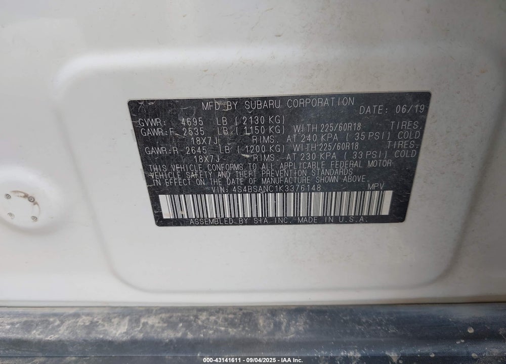 2019 SUBARU OUTBACK 2.5I LIMITED VIN: 4S4BSANC1K3376148