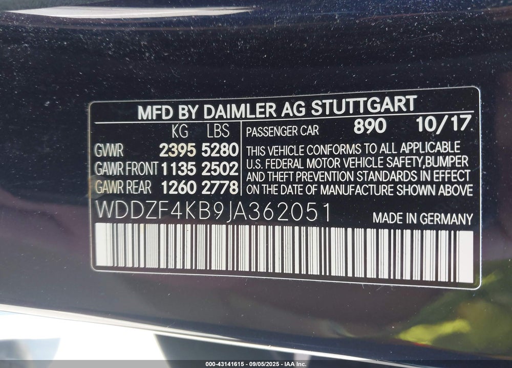 2018 MERCEDES-BENZ E-CLASS VIN: WDDZF4KB9JA362051