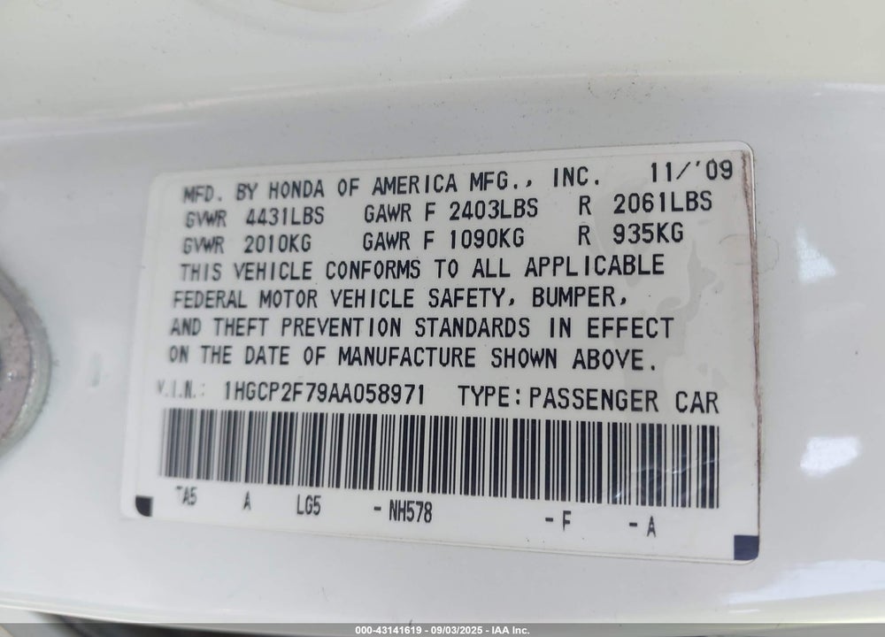 2010 HONDA ACCORD 2.4 EX VIN: 1HGCP2F79AA058971