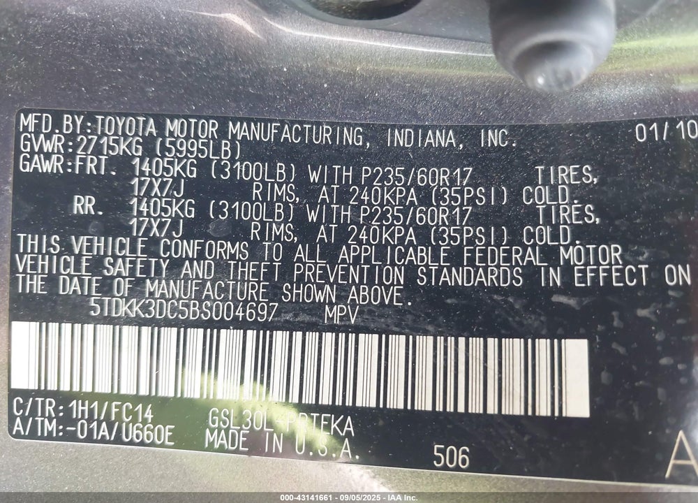 2011 TOYOTA SIENNA LE V6 VIN: 5TDKK3DC5BS004697