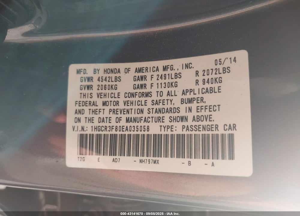 2014 HONDA ACCORD EX-L V-6 VIN: 1HGCR3F80EA035058